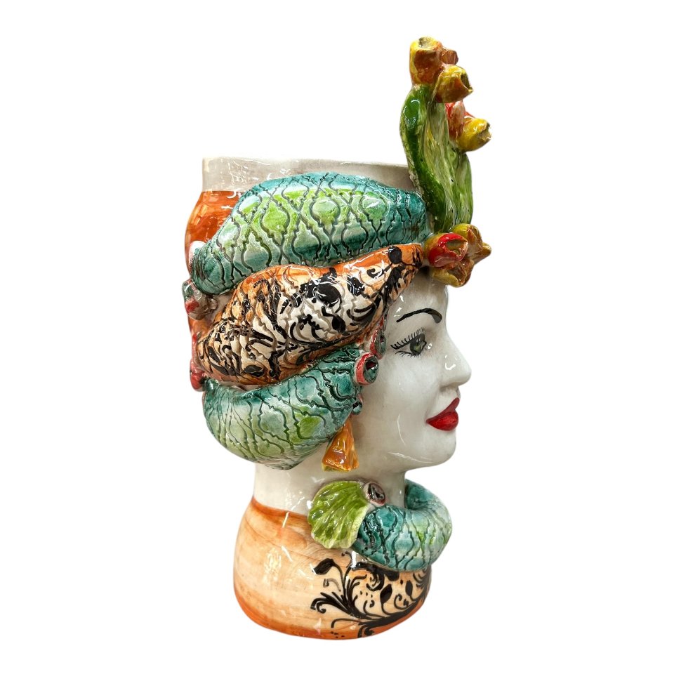 Teste di moro con fichi d'india e turbante decoro verde e arancione Produzione artigianale di Caltagirone h.30cm