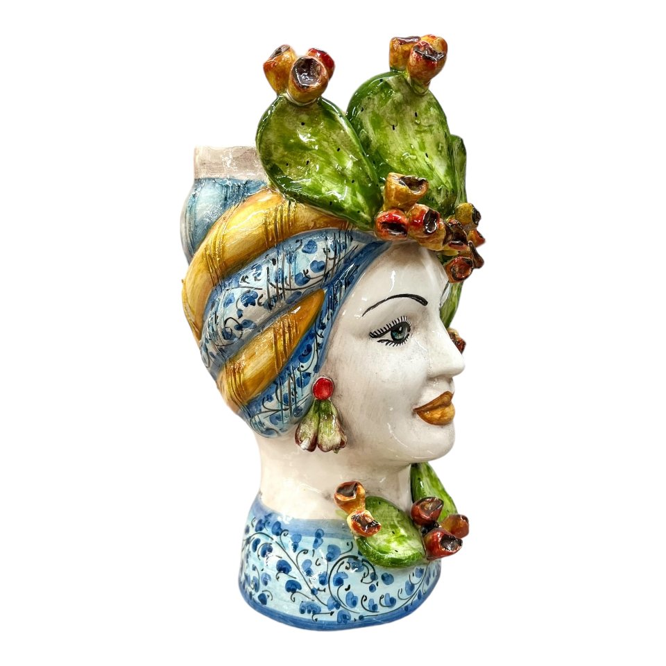 Teste di moro con fichi d'india decoro blu floreale Produzione artigianale di Caltagirone h.30 cm