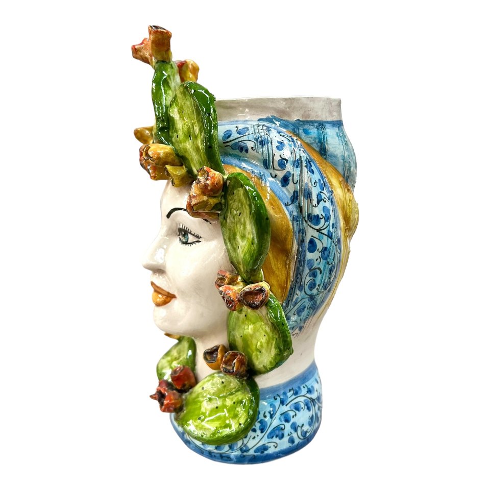 Teste di moro con fichi d'india decoro blu floreale Produzione artigianale di Caltagirone h.30 cm
