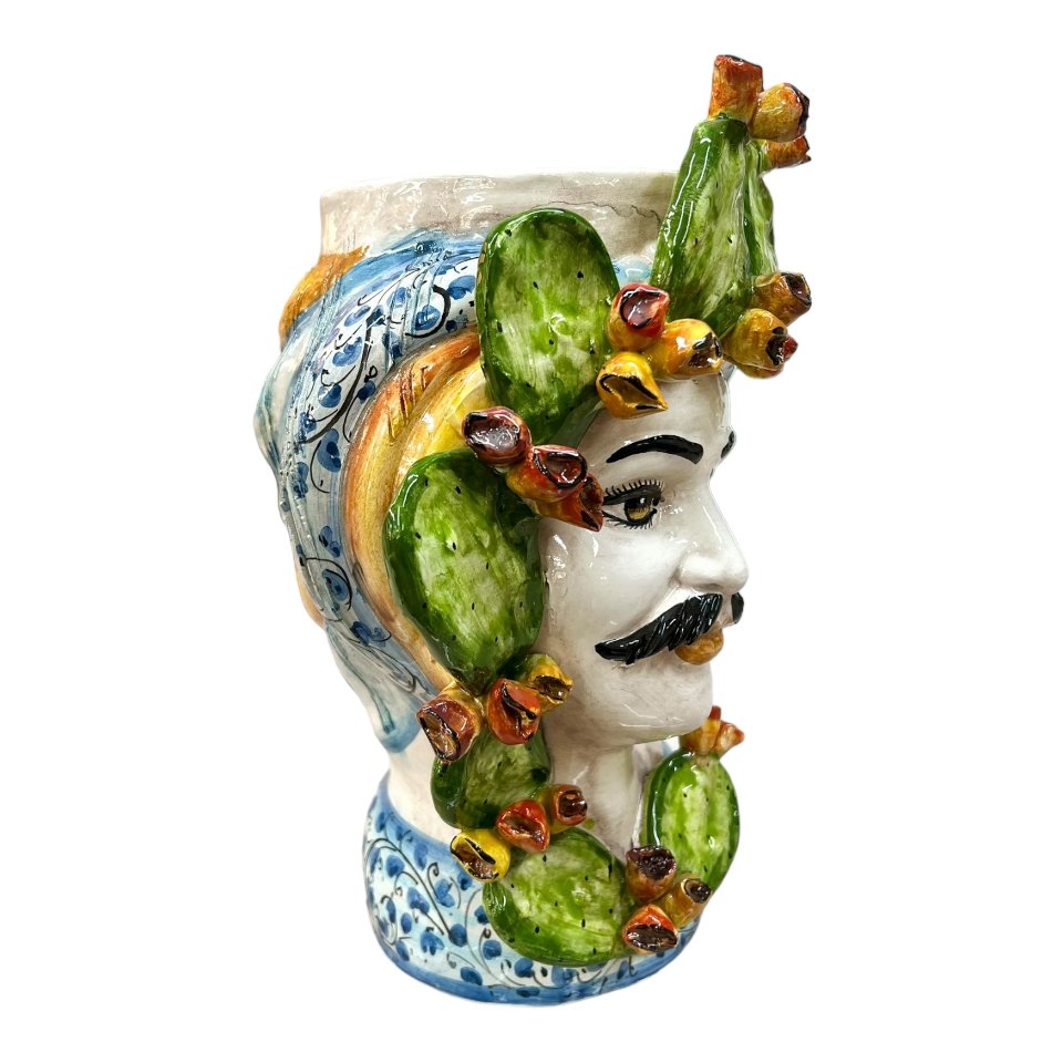 Teste di moro con fichi d'india decoro blu floreale Produzione artigianale di Caltagirone h.30 cm