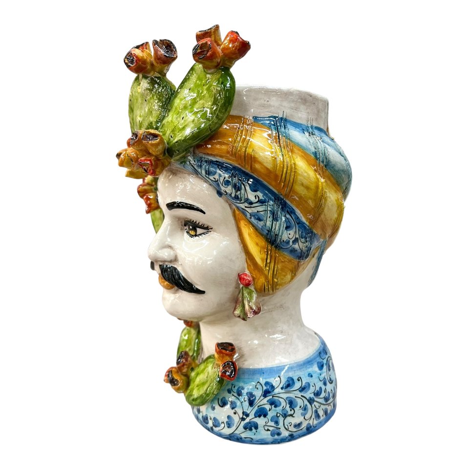 Teste di moro con fichi d'india decoro blu floreale Produzione artigianale di Caltagirone h.30 cm