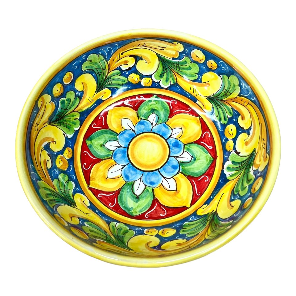 Ciotola centrotavola in ceramica siciliana decoro ornato barocco giallo e verde Produzione artigianale di Santo Stefano di Camastra Diametro 25cm