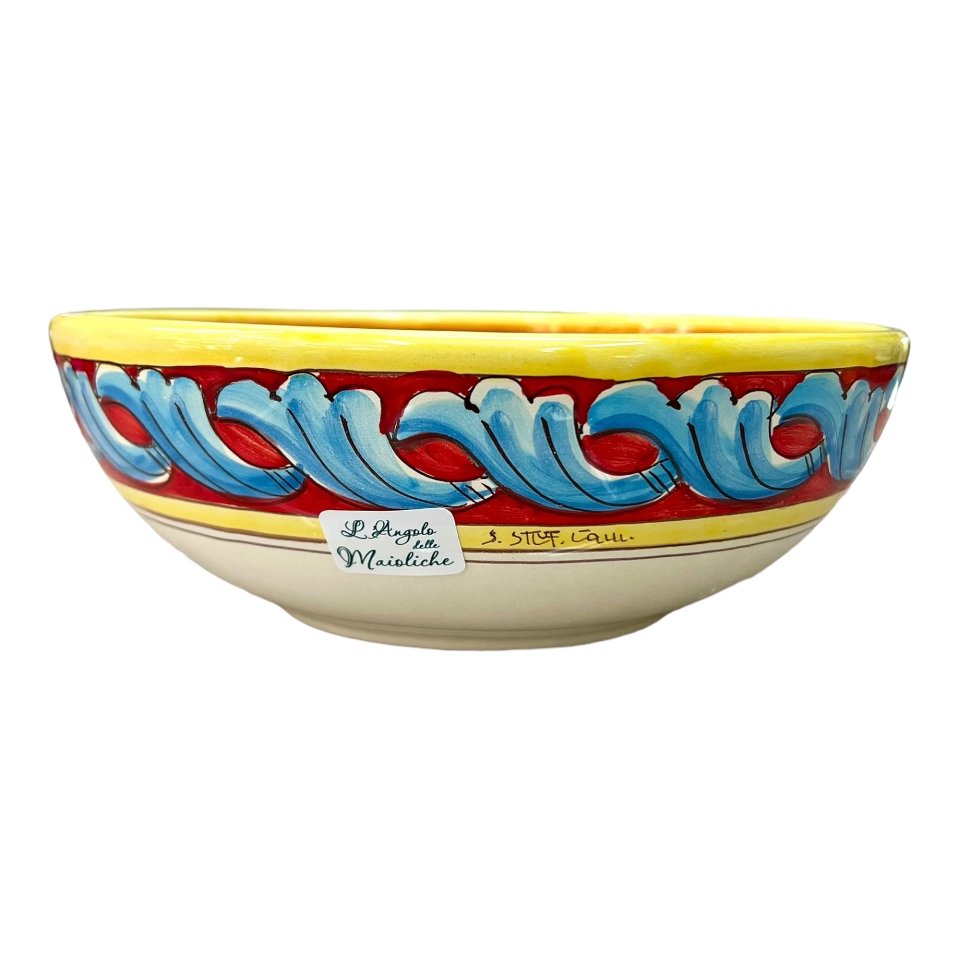 Ciotola centrotavola in ceramica siciliana decoro ornato barocco giallo e verde Produzione artigianale di Santo Stefano di Camastra Diametro 25cm