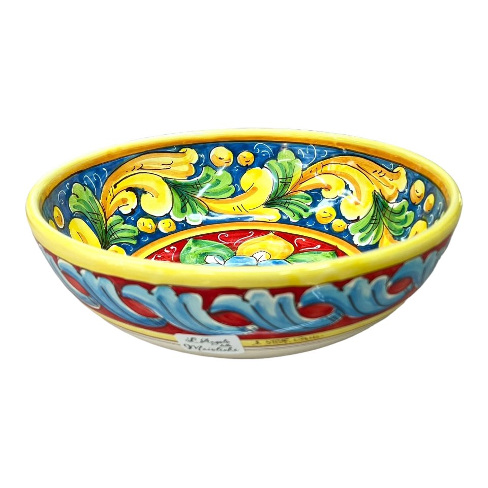 Ciotola centrotavola in ceramica siciliana decoro ornato barocco giallo e verde Produzione artigianale di Santo Stefano di Camastra Diametro 25cm