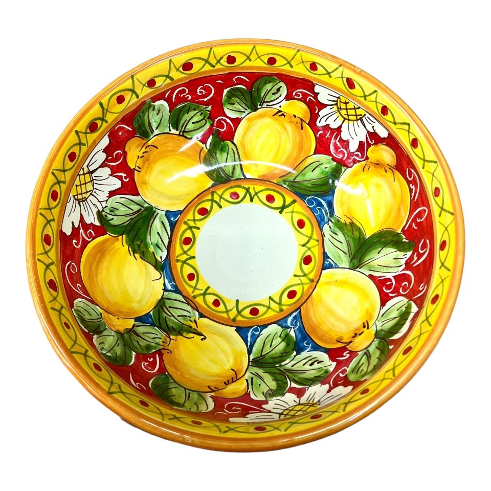 Ciotola centrotavola in ceramica siciliana con limoni rosso Produzione artigianale di Santo Stefano di Camastra Diametro 25cm