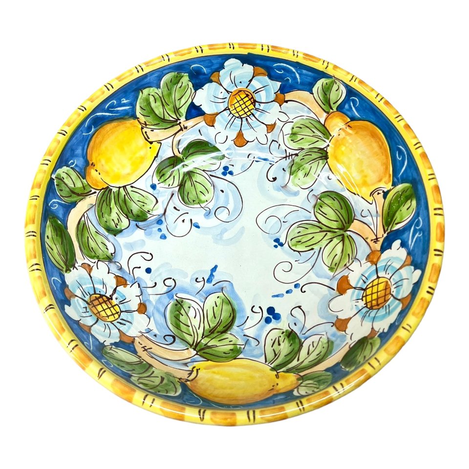 Ciotola centrotavola in ceramica siciliana con limoni e margherite Produzione artigianale di Santo Stefano di Camastra Diametro 30cm