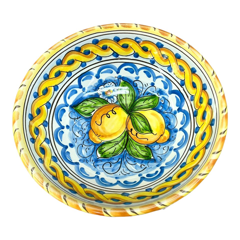 Ciotola centrotavola in ceramica siciliana con limoni Produzione artigianale di Santo Stefano di Camastra Diametro 25cm