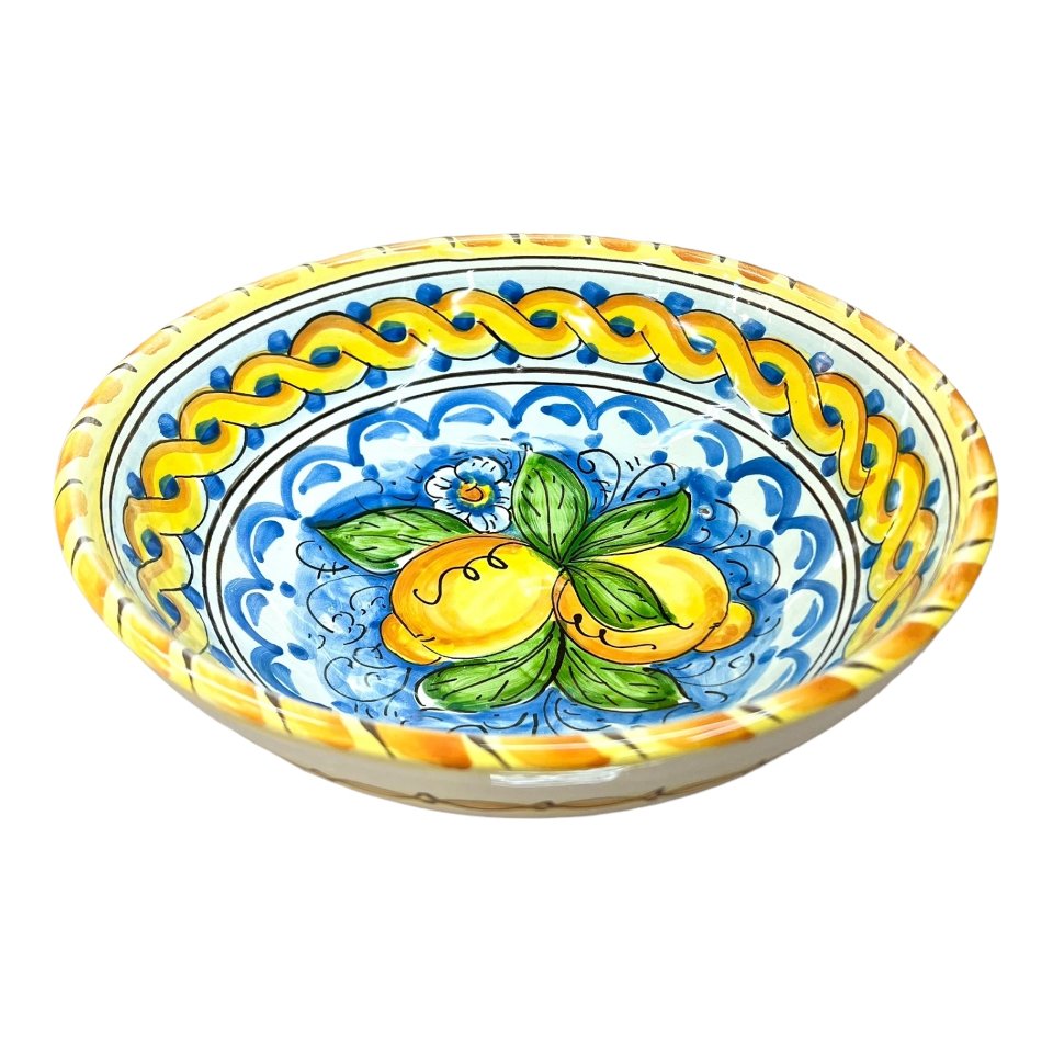 Ciotola centrotavola in ceramica siciliana con limoni Produzione artigianale di Santo Stefano di Camastra Diametro 25cm