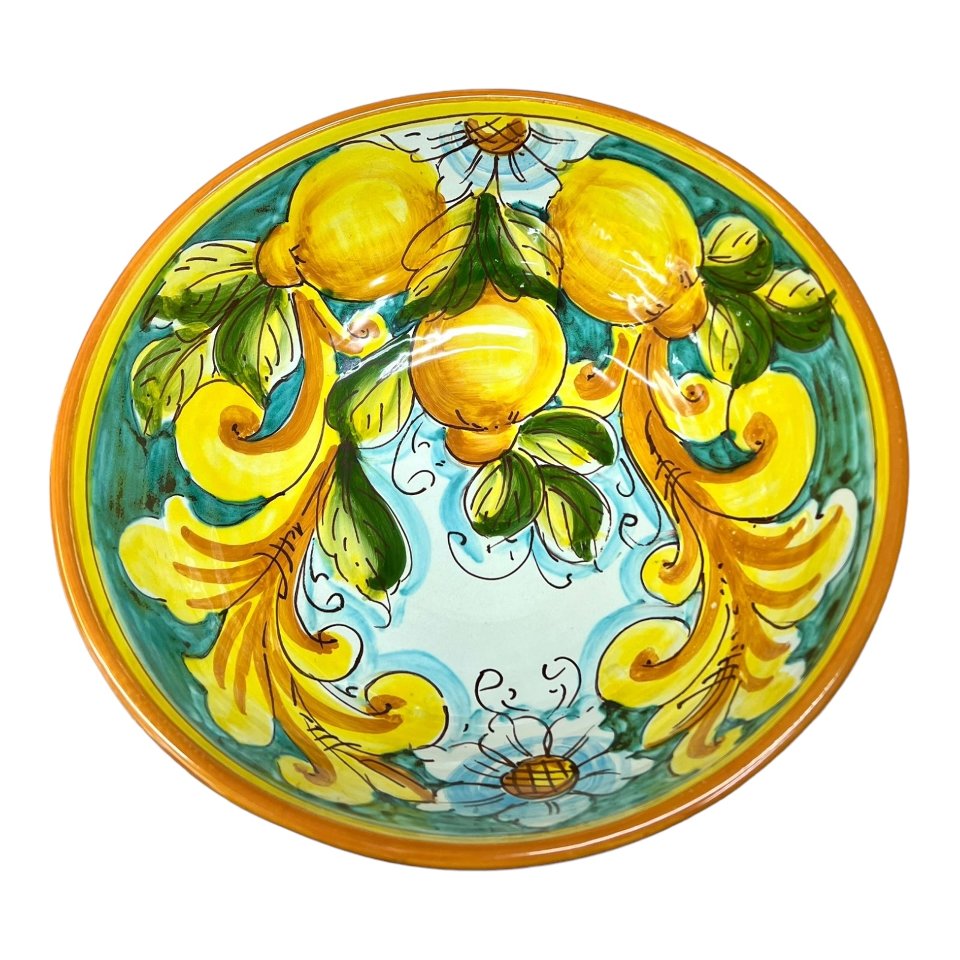 Ciotola centrotavola in ceramica siciliana con limoni decoro giallo barocco Produzione artigianale di Santo Stefano di Camastra Diametro 25cm