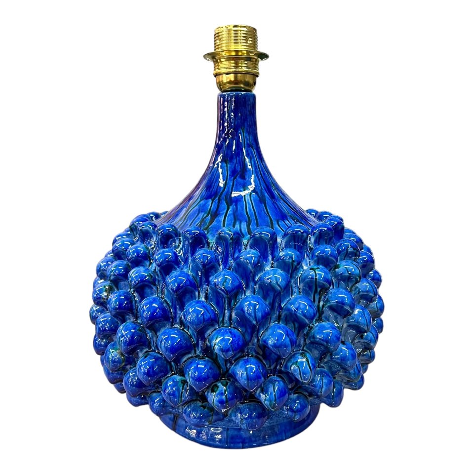 Lume pigna in ceramica siciliana blu kaleido con paralume Produzione artigianale di Santo Stefano di Camastra h.55 cm