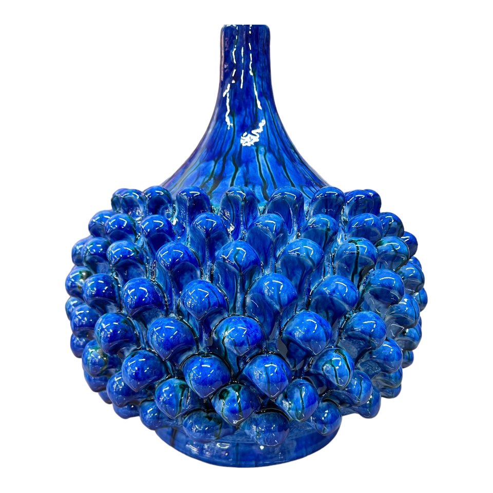 Lume pigna in ceramica siciliana blu kaleido con paralume Produzione artigianale di Santo Stefano di Camastra h.55 cm