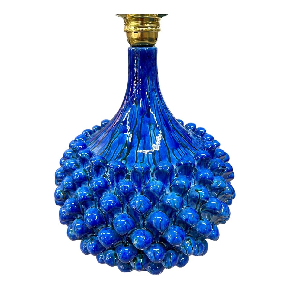 Lume pigna in ceramica siciliana blu kaleido con paralume Produzione artigianale di Santo Stefano di Camastra h.55 cm