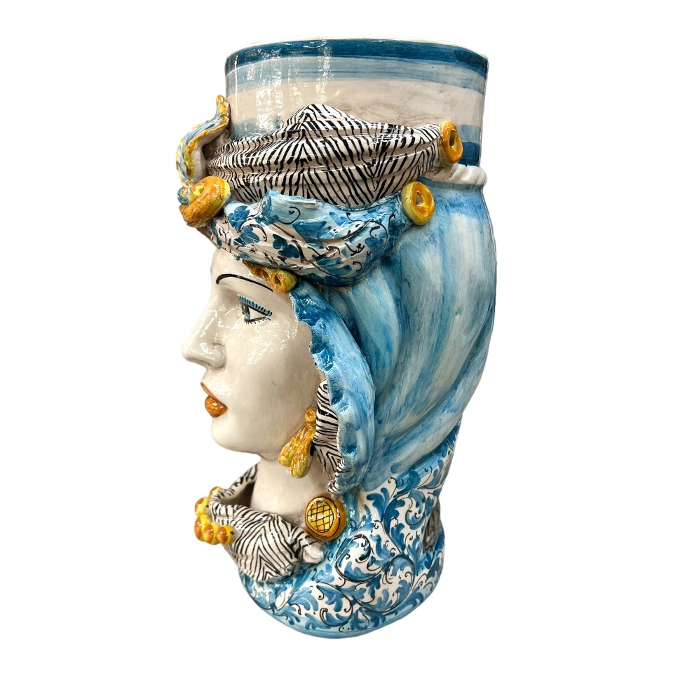 Teste di moro con turbante e drappeggio decoro floreale azzurro Produzione artigianale di Caltagirone h.40cm