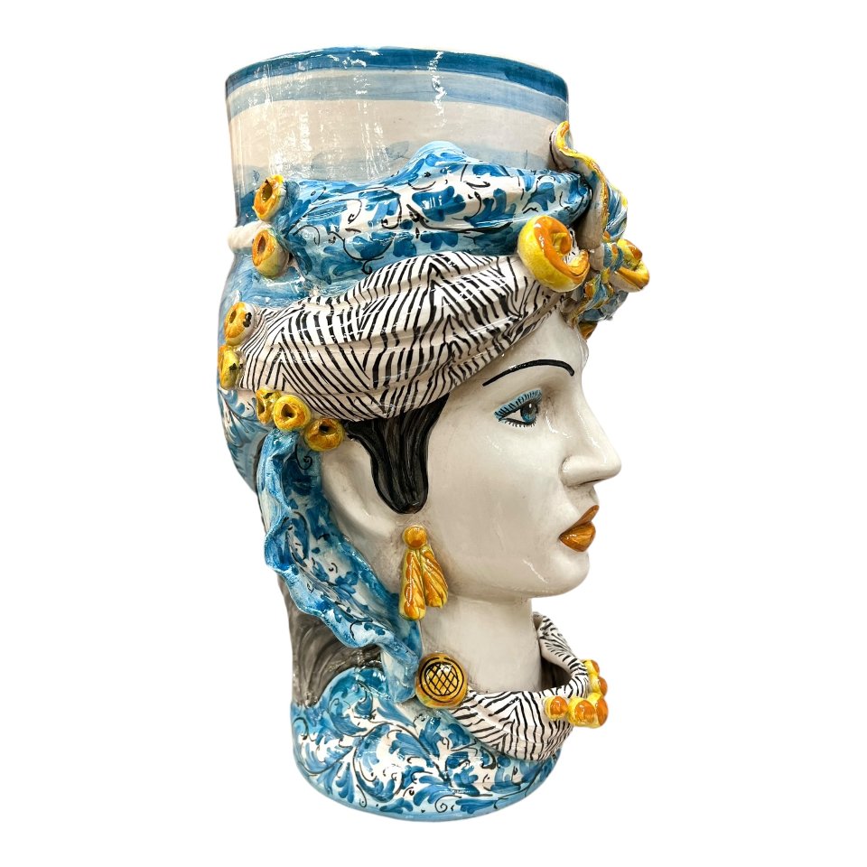 Teste di moro con turbante e drappeggio decoro floreale azzurro Produzione artigianale di Caltagirone h.40cm