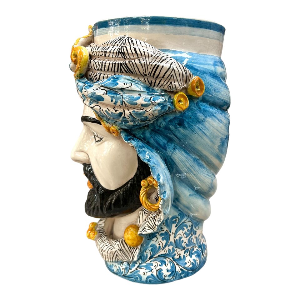 Teste di moro con turbante e drappeggio decoro floreale azzurro Produzione artigianale di Caltagirone h.40cm