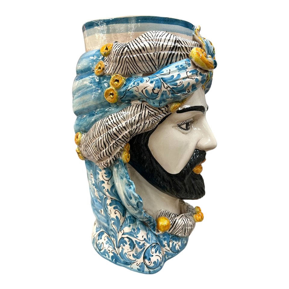 Teste di moro con turbante e drappeggio decoro floreale azzurro Produzione artigianale di Caltagirone h.40cm