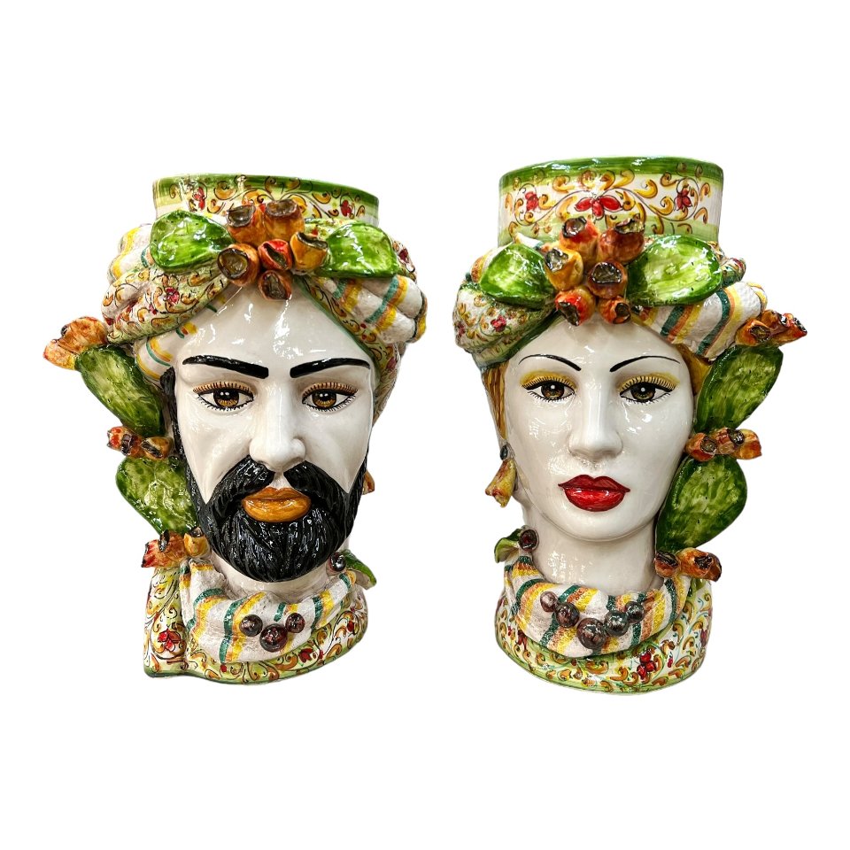 Teste di Moro con fichi d'india e turbante decoro floreale verde Produzione artigianale  di Caltagirone h.40cm