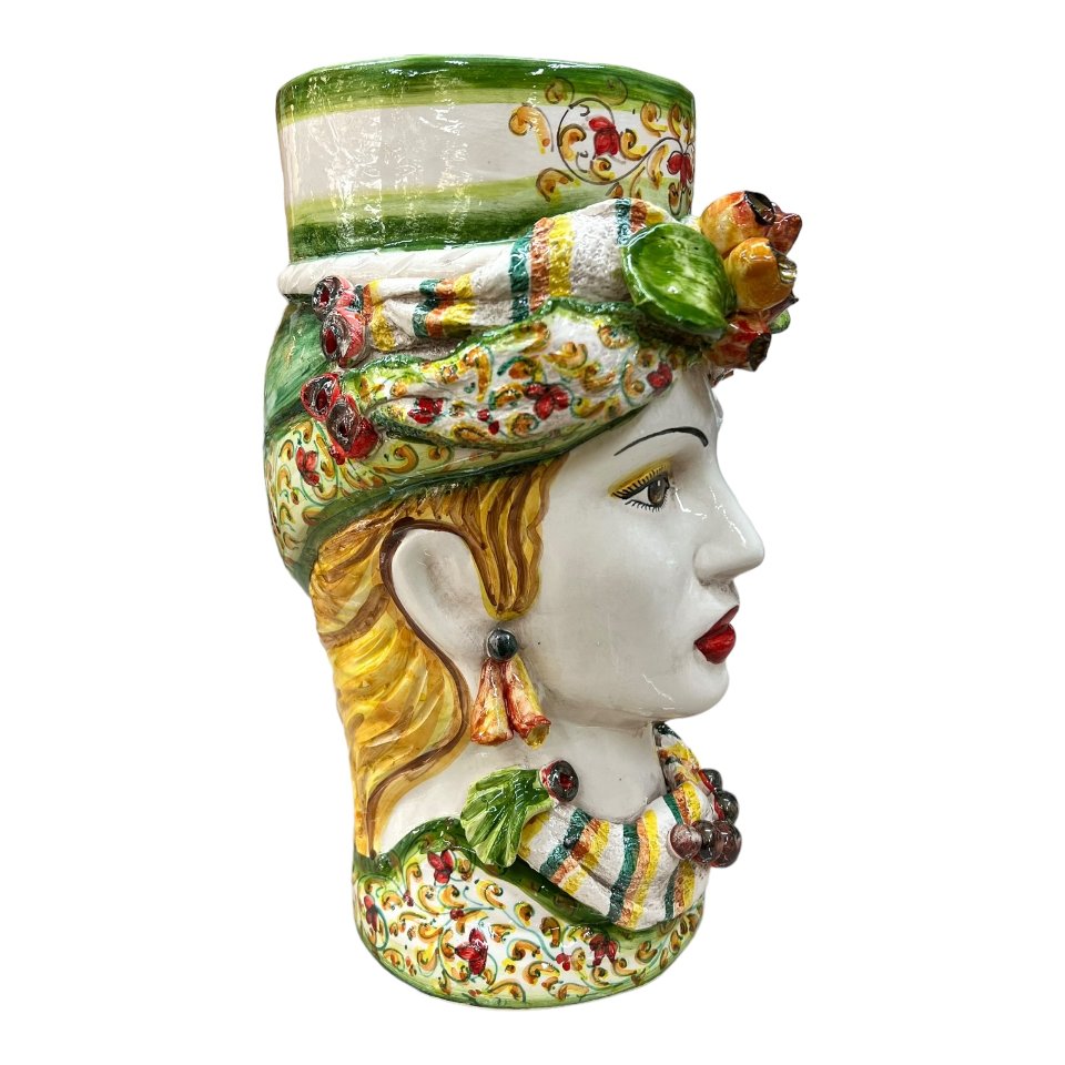 Teste di Moro con fichi d'india e turbante decoro floreale verde Produzione artigianale  di Caltagirone h.40cm