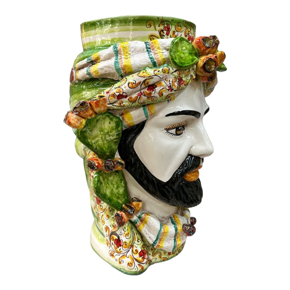 Teste di Moro con fichi d'india e turbante decoro floreale verde Produzione artigianale  di Caltagirone h.40cm
