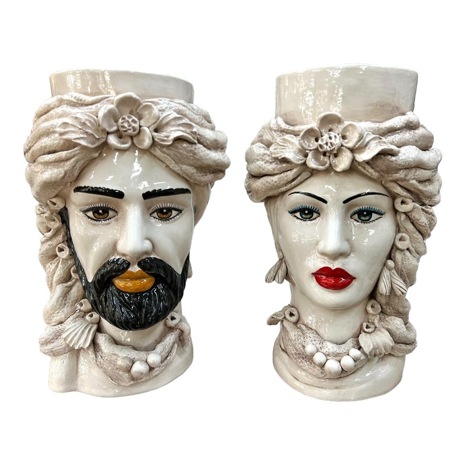 Teste di moro con turbante decoro fumé Produzione artigianale  di Caltagirone h.40cm