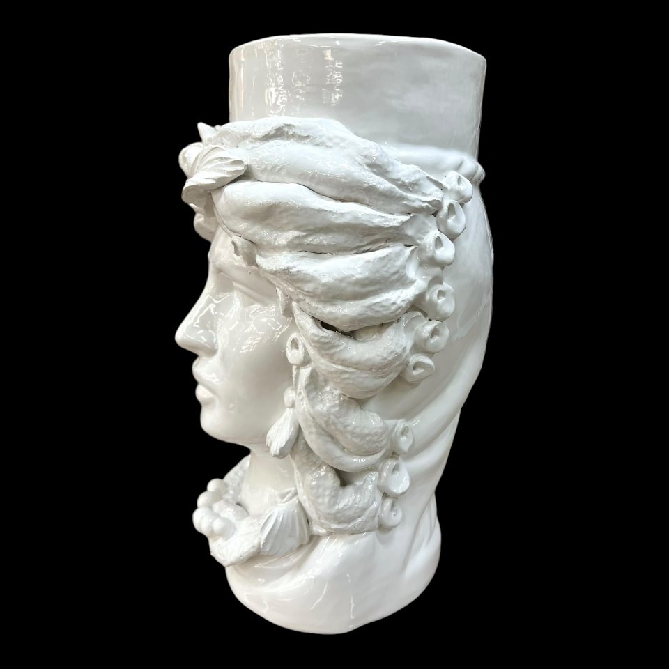Teste di moro monocolore bianca con turbante Produzione artigianale  di Caltagirone h.40cm