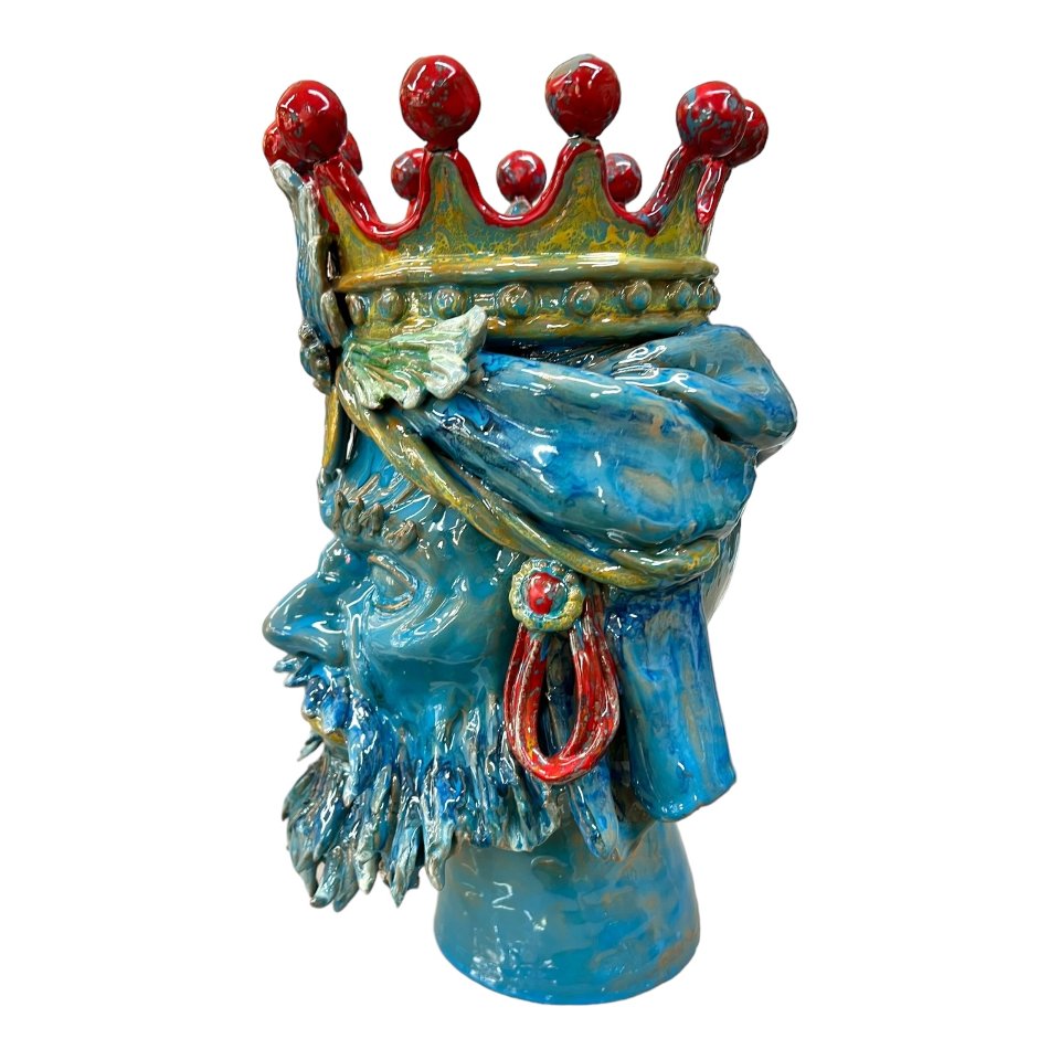 Testa di moro collezione I Miti modello Re Mida decoro celeste Produzione artigianale di Palermo h.40cm