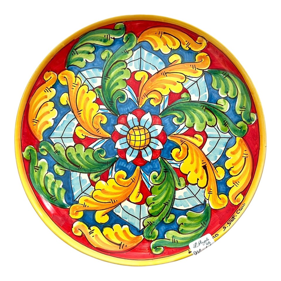 Piatto ornamentale da parete in ceramica siciliana decoro barocco rosso e giallo Produzione artigianale di Santo Stefano di Camastra Diametro 30cm