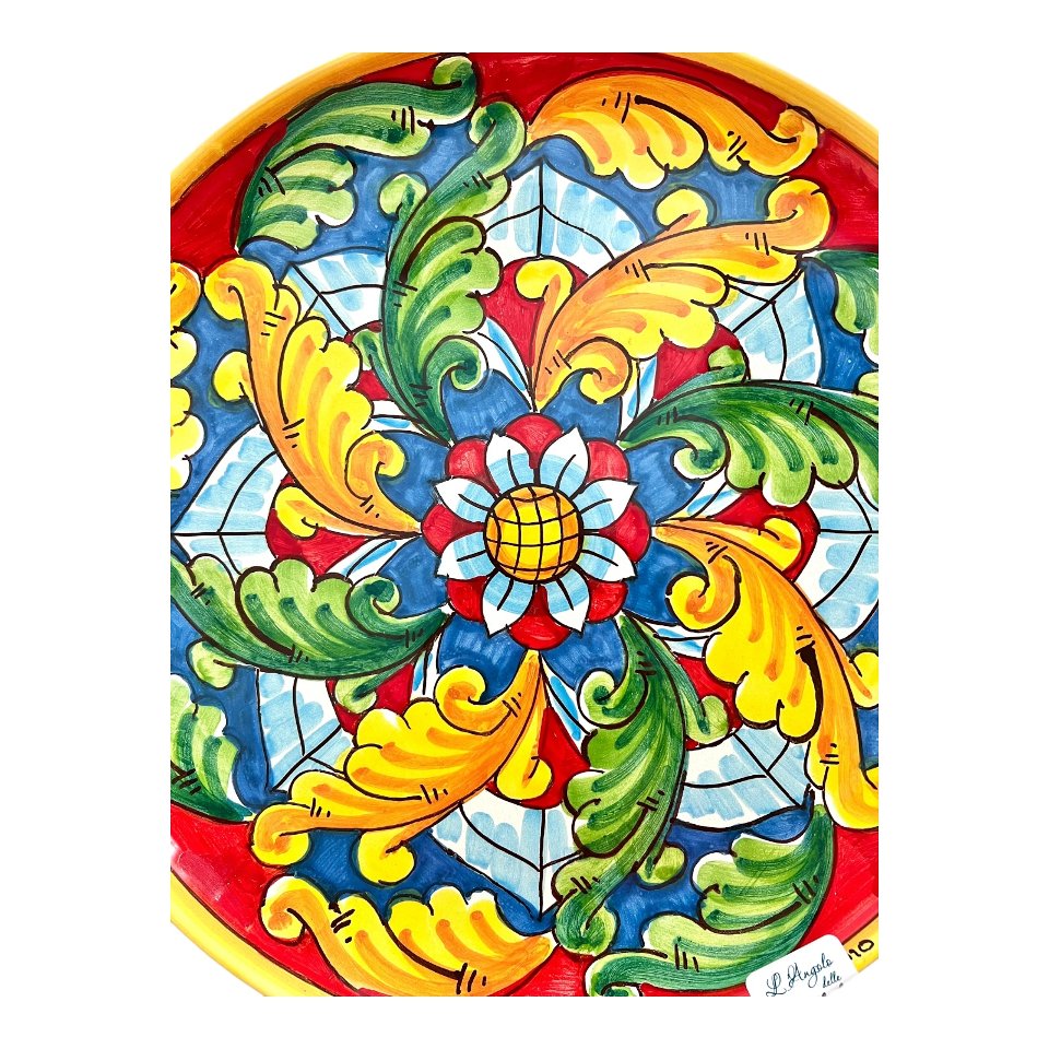 Piatto ornamentale da parete in ceramica siciliana decoro barocco rosso e giallo Produzione artigianale di Santo Stefano di Camastra Diametro 30cm