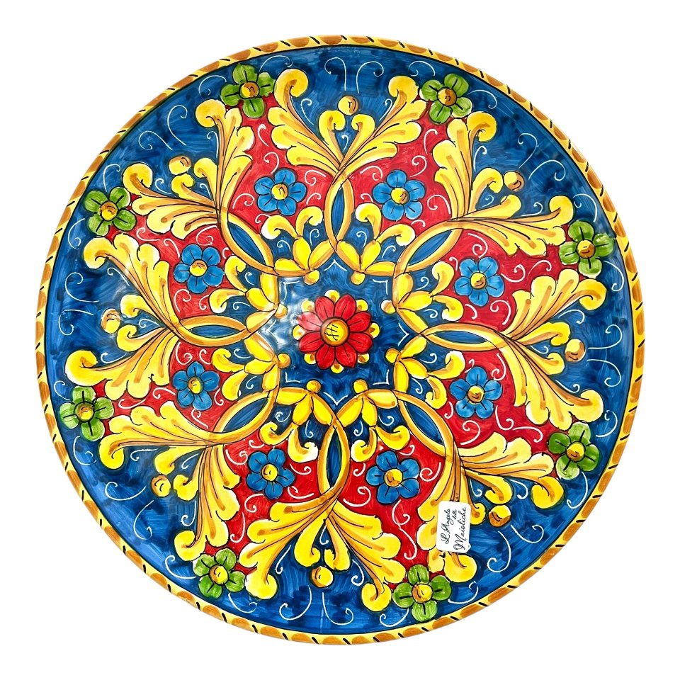 Piatto ornamentale da parete in ceramica siciliana decoro floreale blu e giallo Produzione artigianale di Santo Stefano di Camastra Diametro 37cm