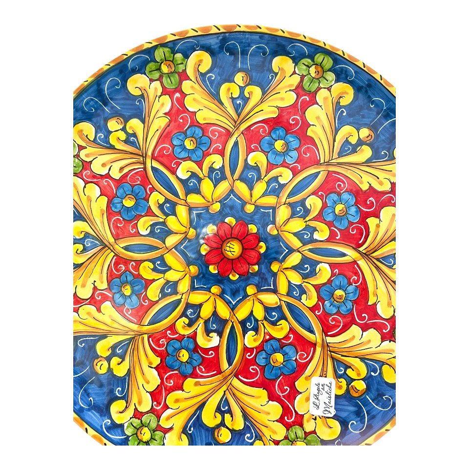 Piatto ornamentale da parete in ceramica siciliana decoro floreale blu e giallo Produzione artigianale di Santo Stefano di Camastra Diametro 37cm