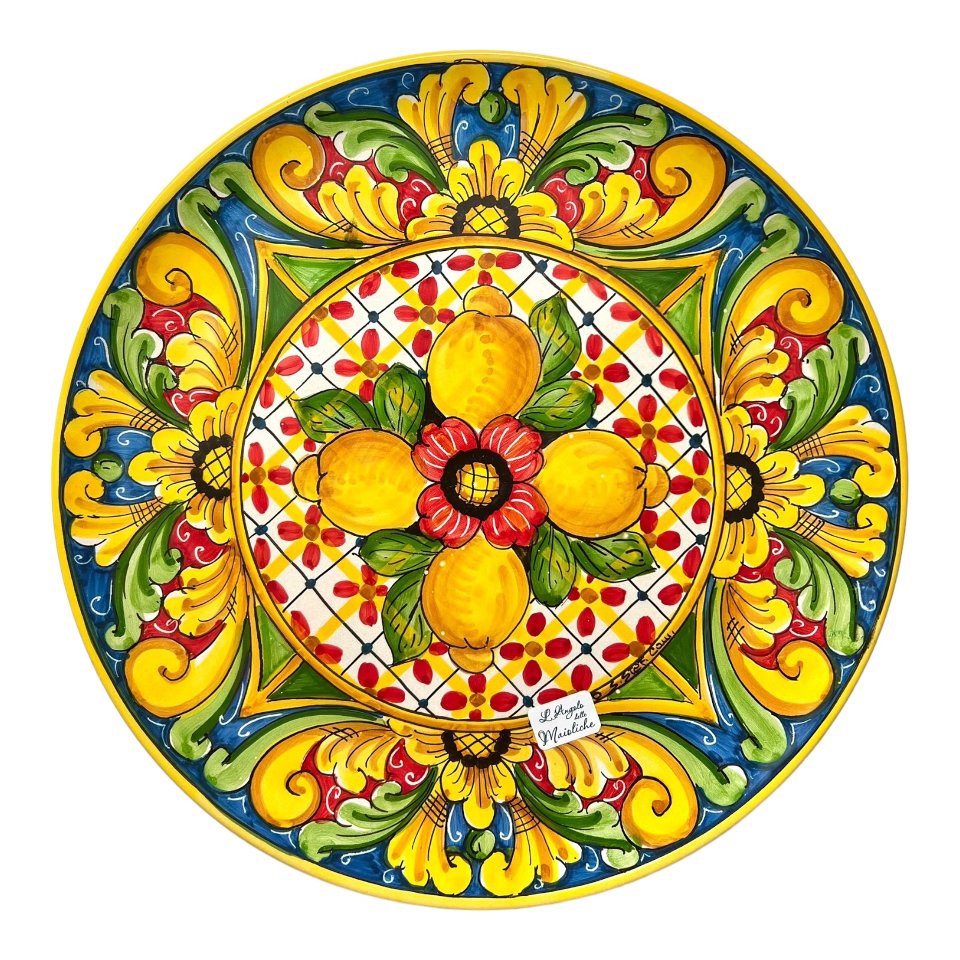 Piatto ornamentale in ceramica siciliana con limoni decoro ornato giallo Produzione artigianale di Santo Stefano di Camastra Diametro 37cm