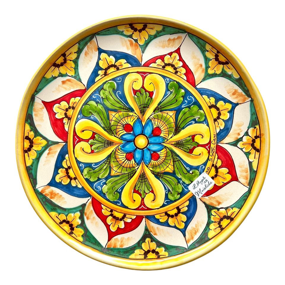 Piatto ornamentale da parete in ceramica siciliana decoro barocco rosso Produzione artigianale di Santo Stefano di Camastra Diametro 30cm