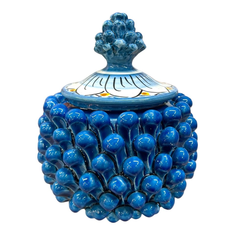 Biscottiera pigna in ceramica siciliana decoro blu antico Produzione artigianale  di Caltagirone Diametro 15cm