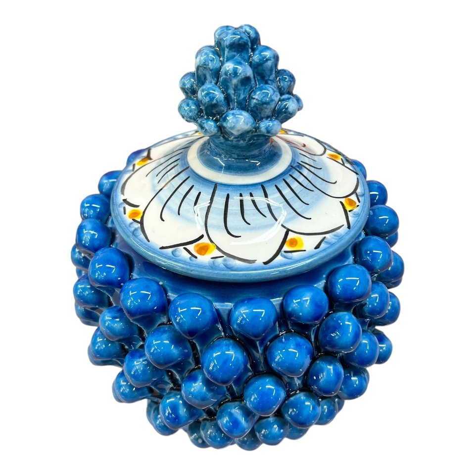Biscottiera pigna in ceramica siciliana decoro blu antico Produzione artigianale  di Caltagirone Diametro 15cm