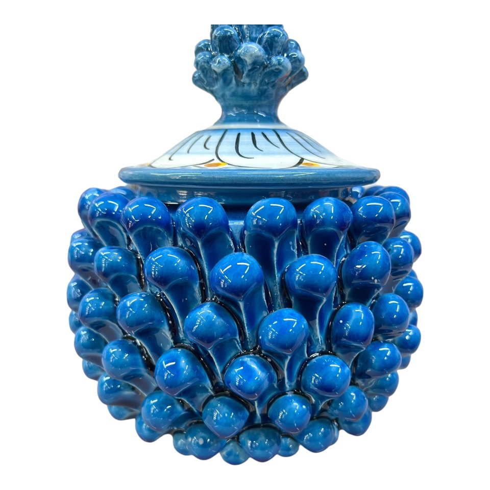 Biscottiera pigna in ceramica siciliana decoro blu antico Produzione artigianale  di Caltagirone Diametro 15cm
