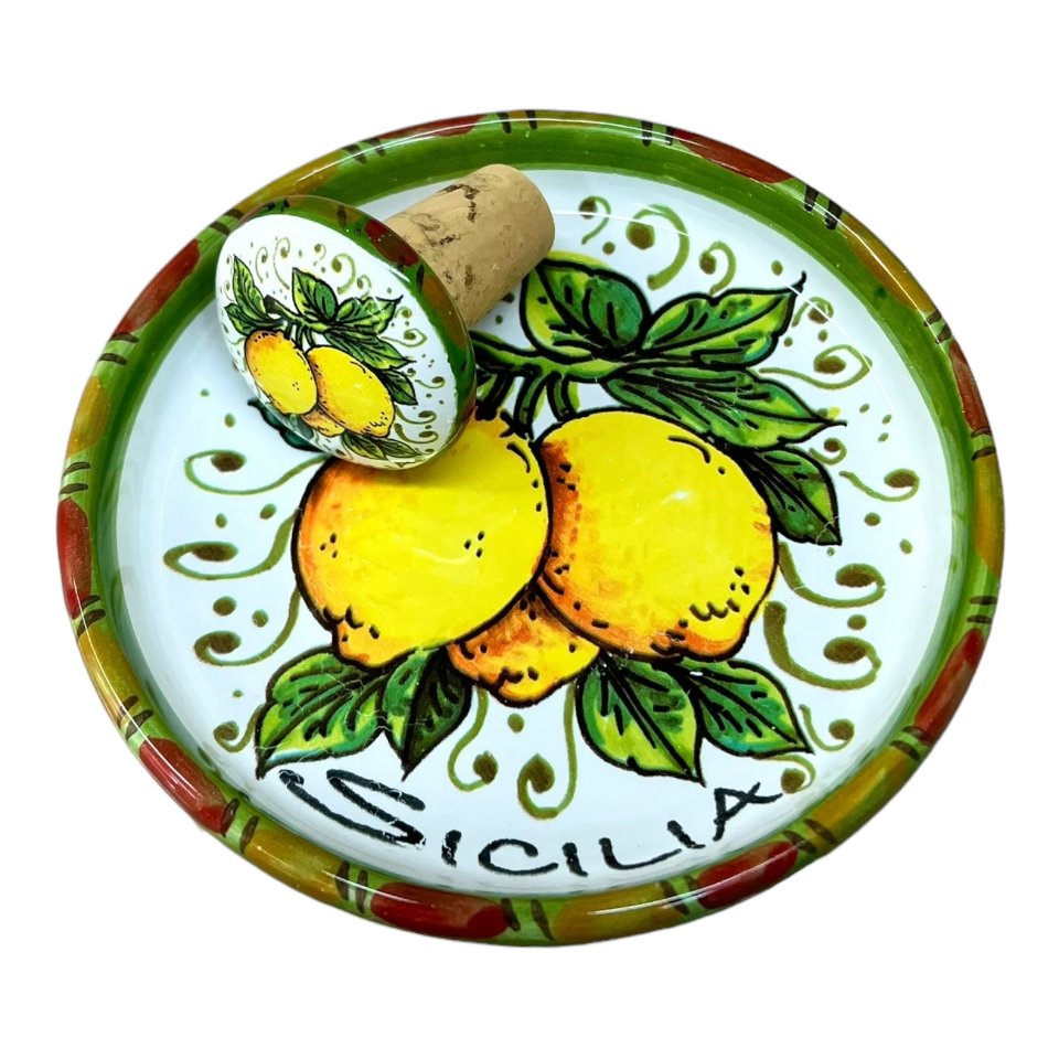 Sottobottiglia con tappo in ceramica siciliana decoro limoni Produzione artigianale di Santo Stefano di Camastra Diametro 12cm
