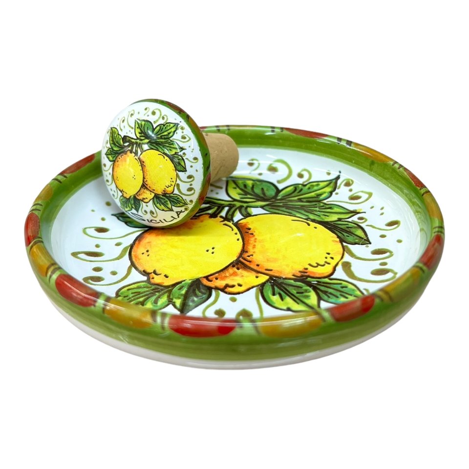 Sottobottiglia con tappo in ceramica siciliana decoro limoni Produzione artigianale di Santo Stefano di Camastra Diametro 12cm