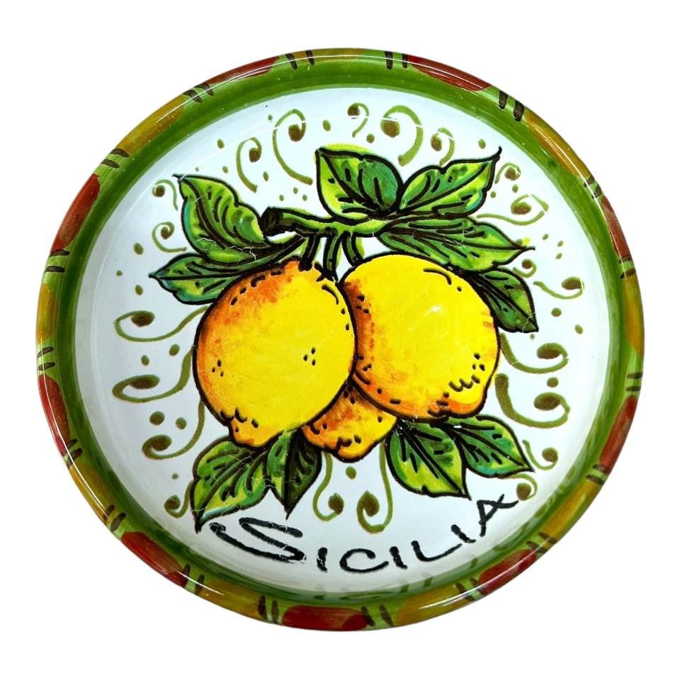 Sottobottiglia con tappo in ceramica siciliana decoro limoni Produzione artigianale di Santo Stefano di Camastra Diametro 12cm