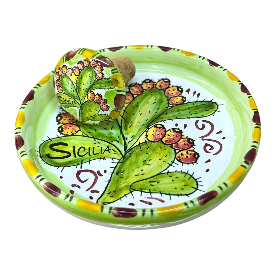 Sottobottiglia con tappo in ceramica siciliana decoro fichi d'india Produzione artigianale di Santo Stefano di Camastra Diametro 12cm