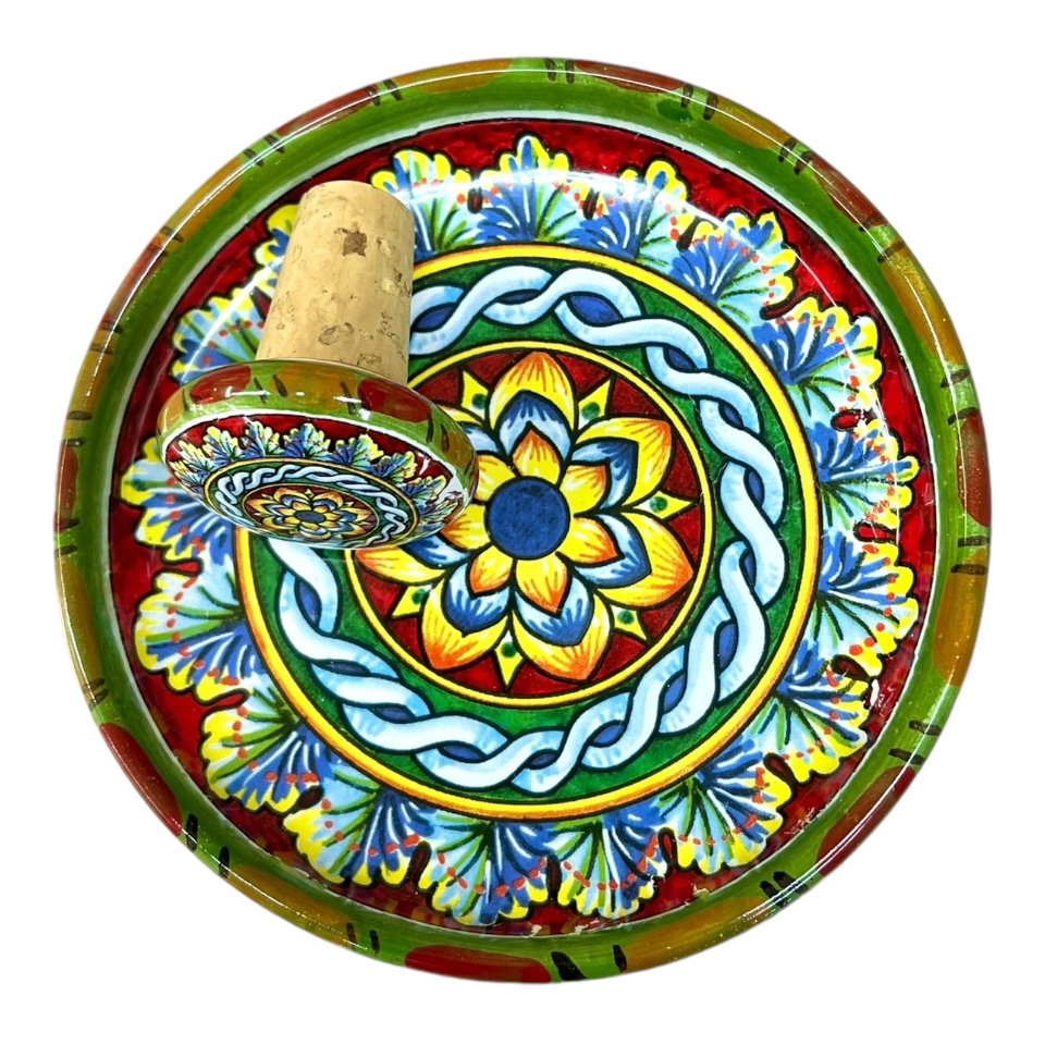 Sottobottiglia con tappo in ceramica siciliana decoro maiolica Produzione artigianale di Santo Stefano di Camastra Diametro 12cm