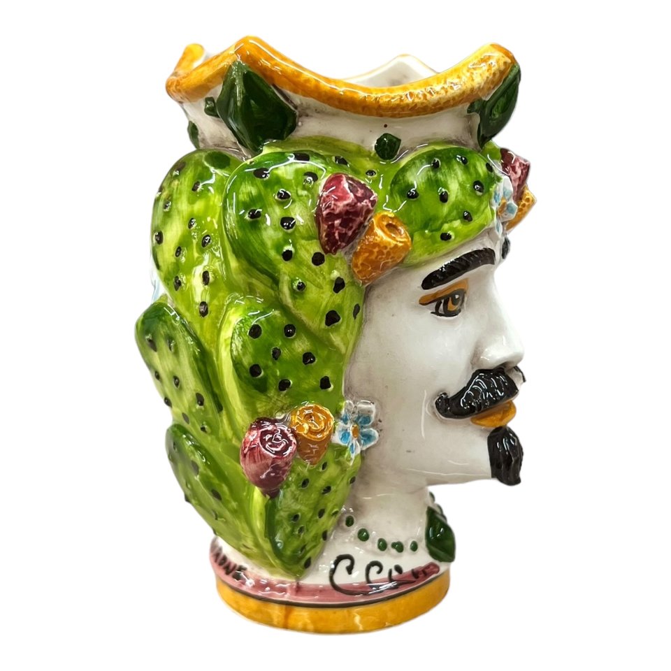 Coppia Teste di moro design moderne con fichi d'india Produzione artigianale di Caltagirone h.15cm