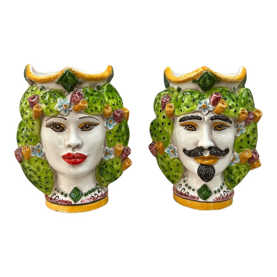 Teste di moro design moderne con fichi d'india Produzione artigianale di Caltagirone h.15cm