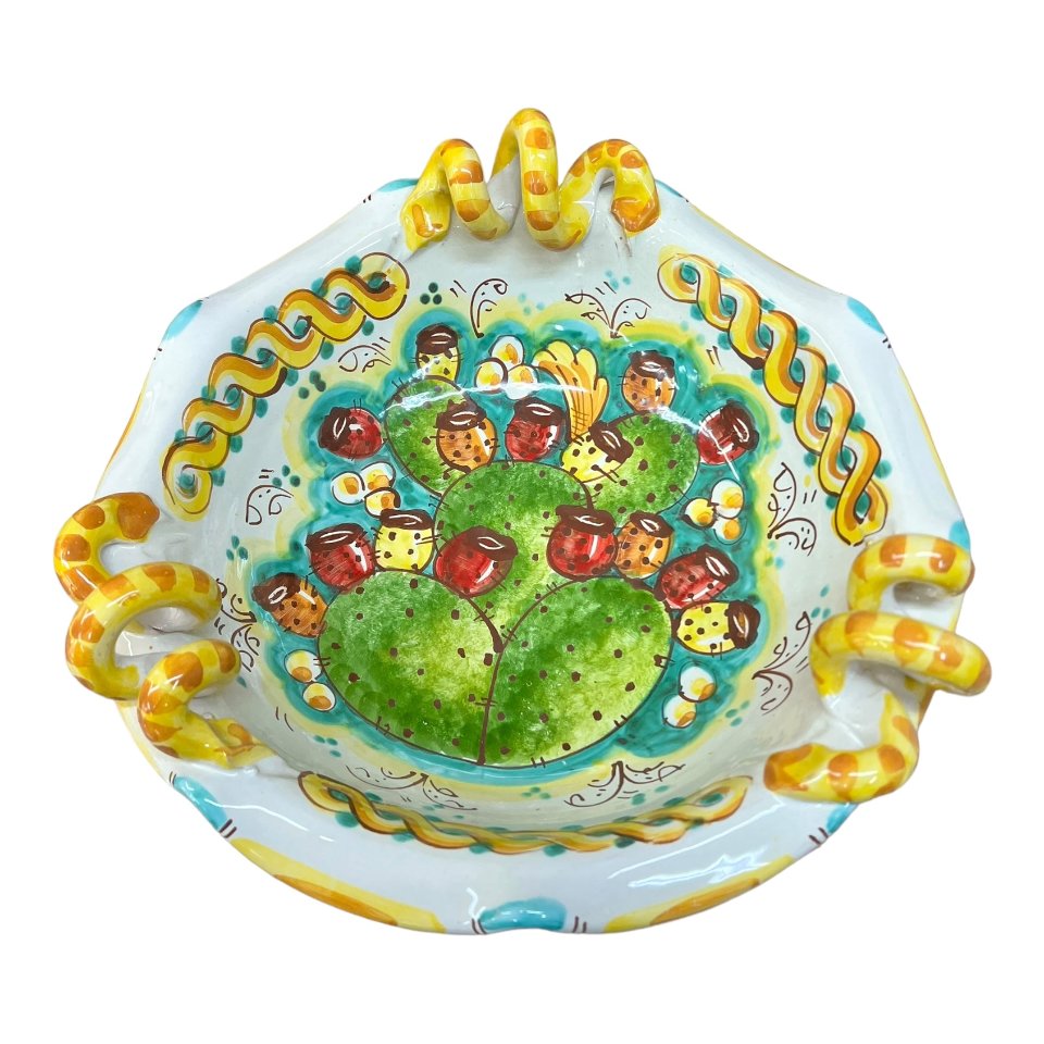 Centrotavola smerlato con manici con fichi d'india Produzione artigianale di Caltagirone Diametro 30cm