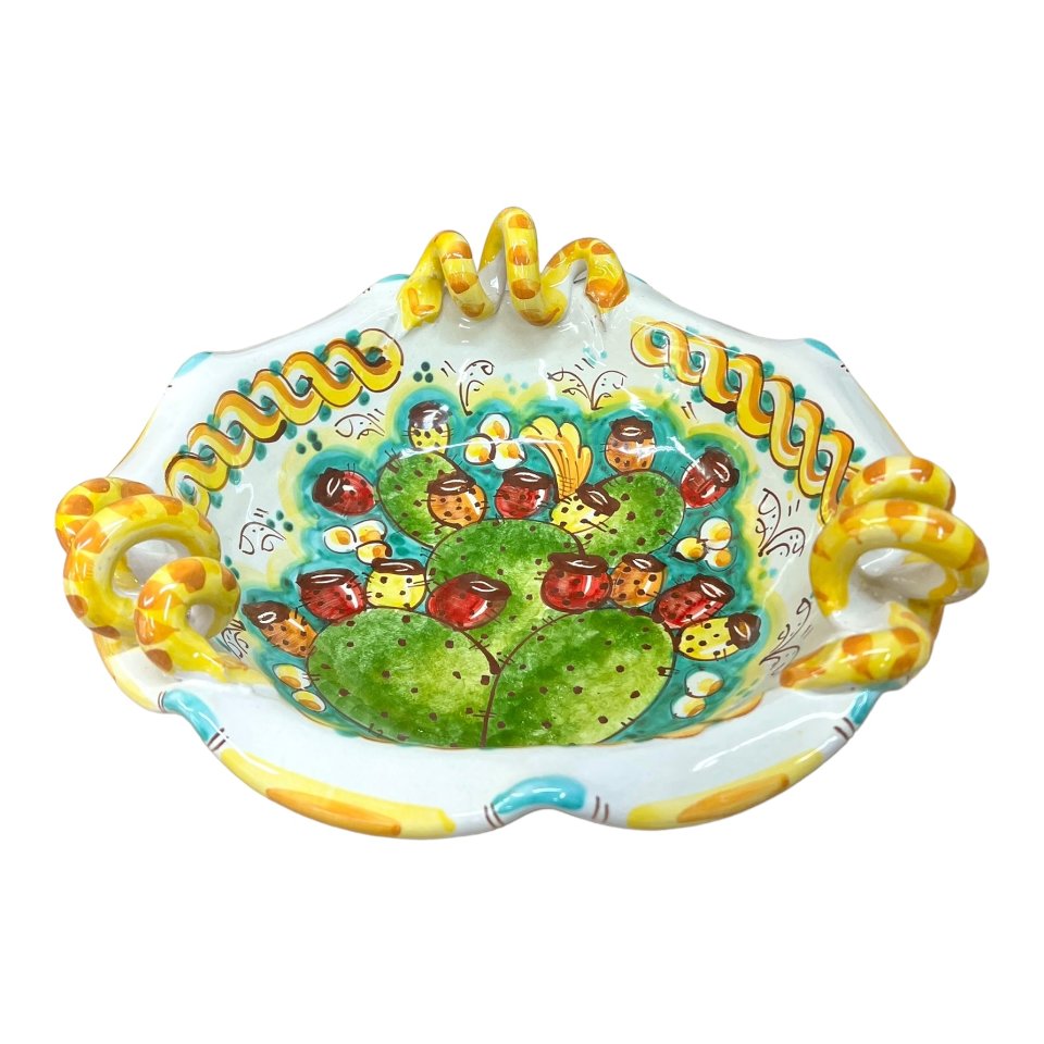 Centrotavola smerlato con manici con fichi d'india Produzione artigianale di Caltagirone Diametro 30cm