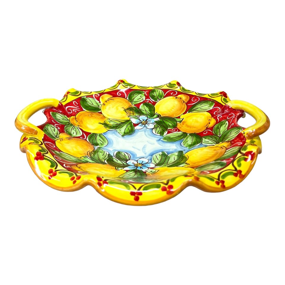 Centrotavola smerlato con manici con limoni decoro ornato barocco giallo e rosso Produzione artigianale di Santo Stefano di Camastra Diametro 30cm
