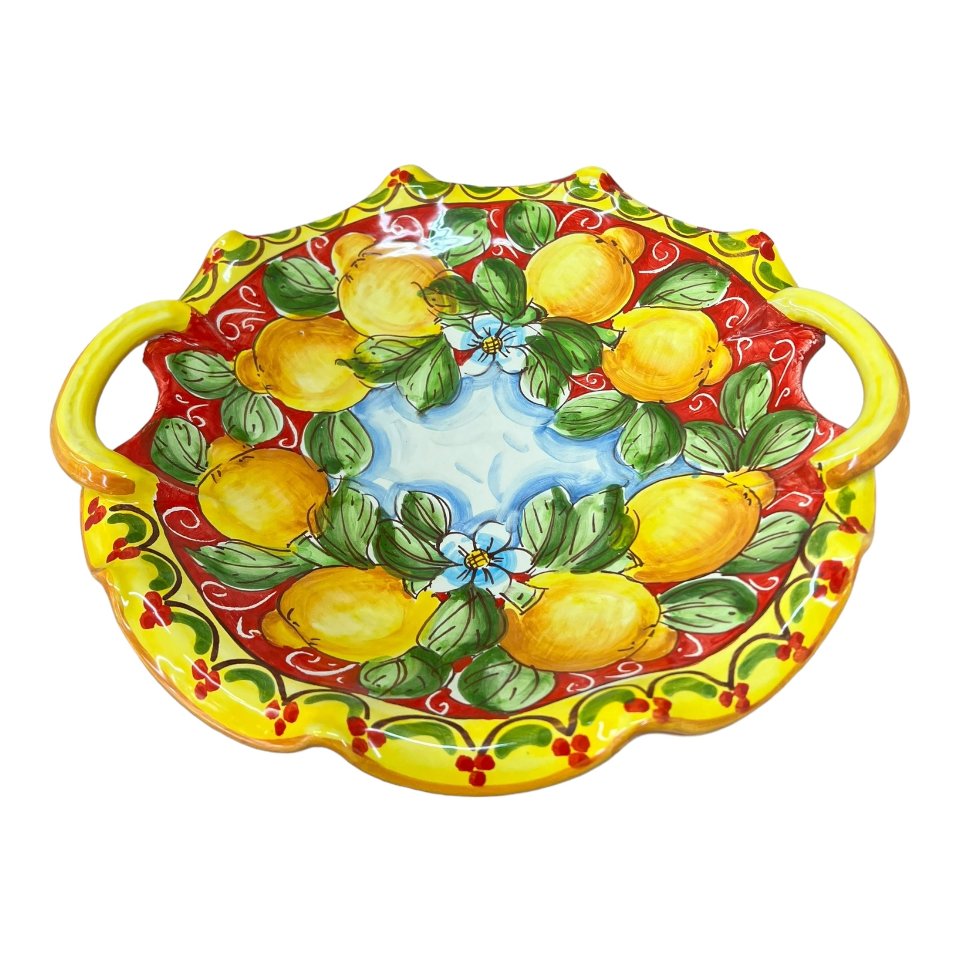 Centrotavola smerlato con manici con limoni decoro ornato barocco giallo e rosso Produzione artigianale di Santo Stefano di Camastra Diametro 30cm