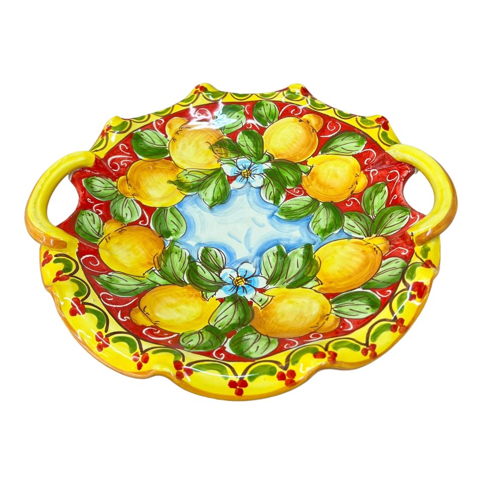 Centrotavola smerlato con manici con limoni decoro ornato barocco giallo e rosso Produzione artigianale di Santo Stefano di Camastra Diametro 30cm