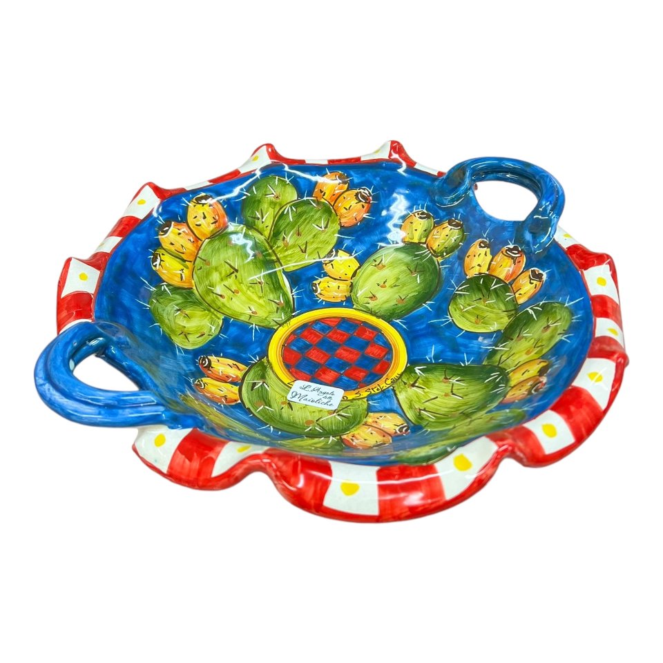Centrotavola smerlato con manici con fichi d'india decoro blu Produzione artigianale di Santo Stefano di Camastra Diametro 30cm