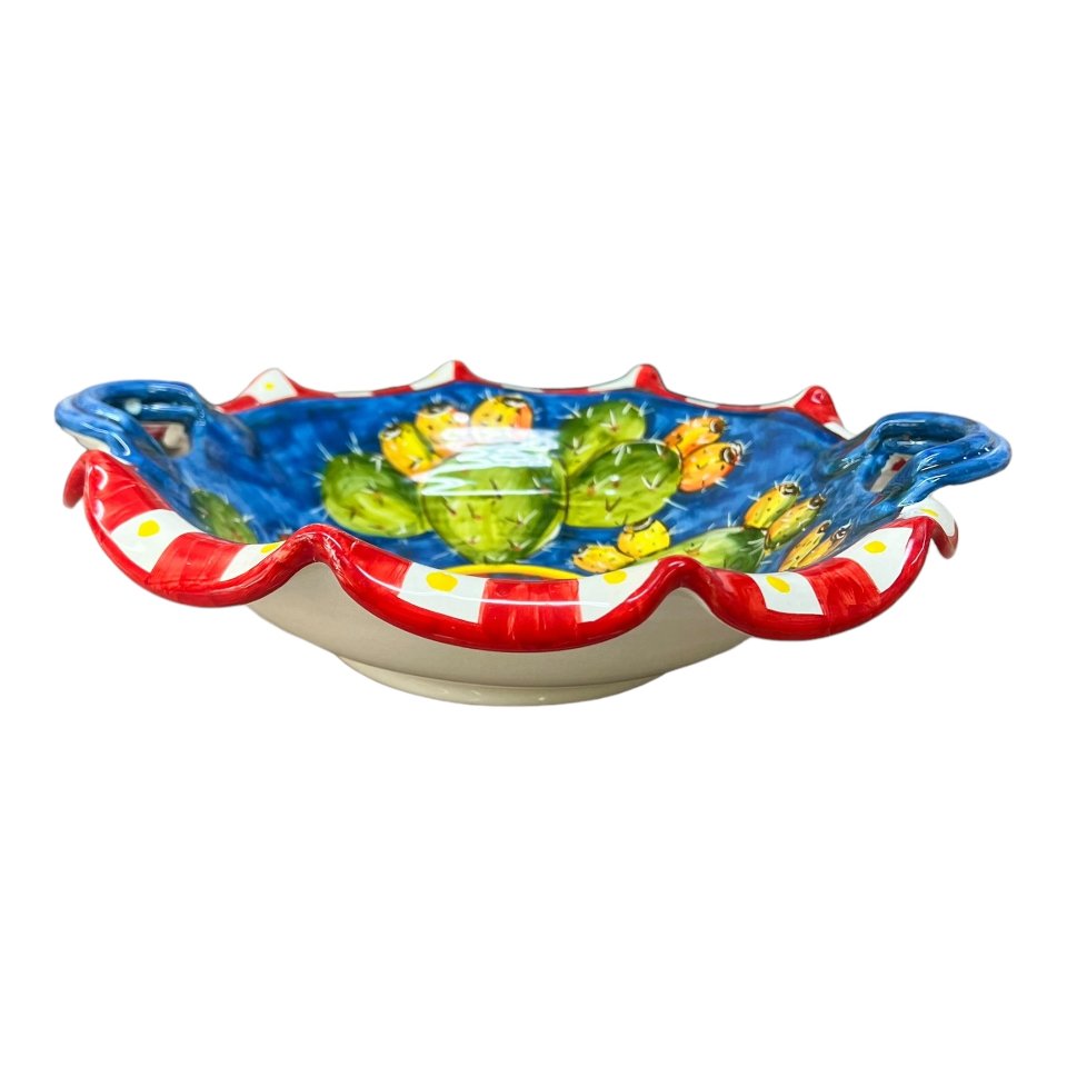 Centrotavola smerlato con manici con fichi d'india decoro blu Produzione artigianale di Santo Stefano di Camastra Diametro 30cm