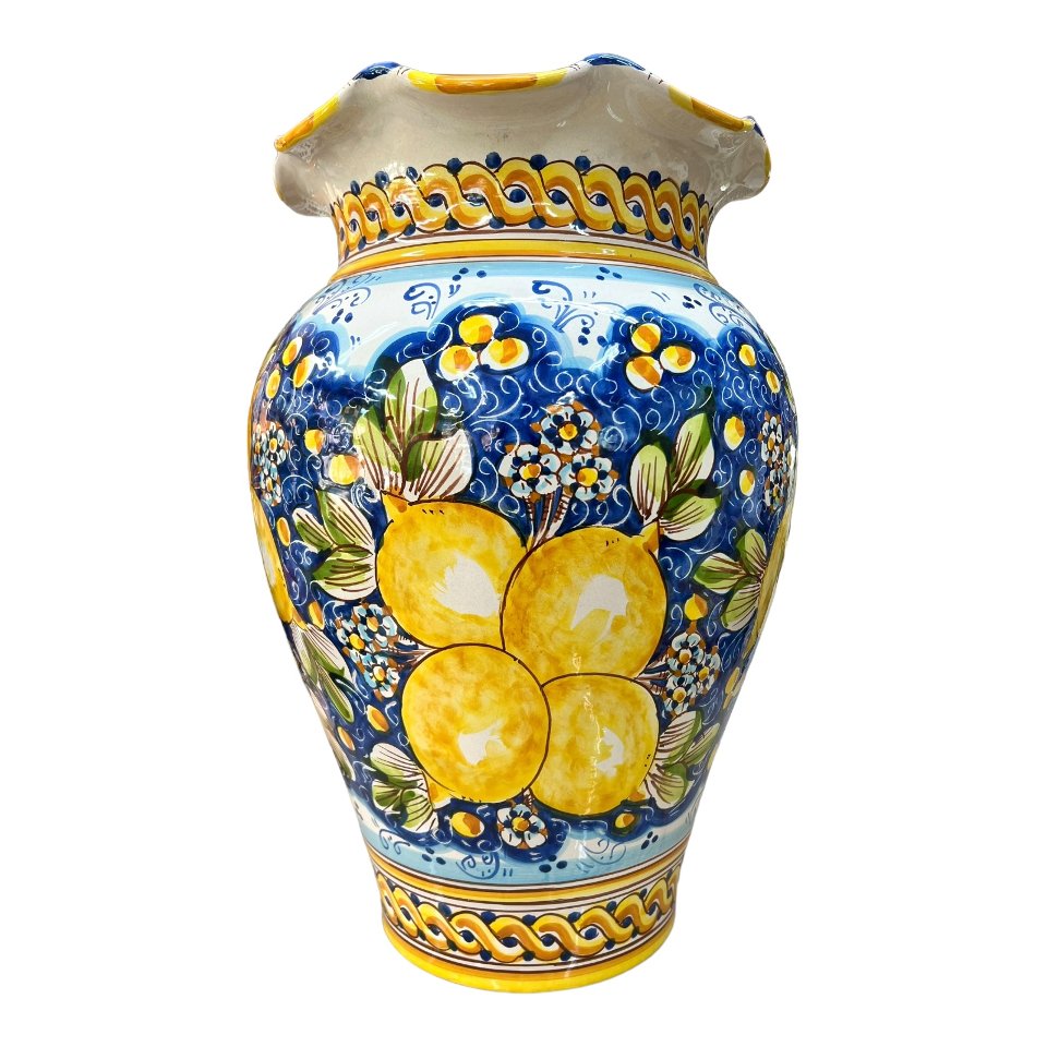 Giara smerlata portaombrelli in ceramica siciliana con limoni decoro blu Produzione artigianale di Caltagirone h.50cm